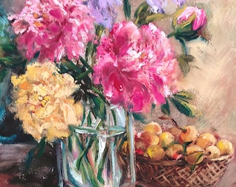 Summer Garden Original painting Fruit Still life of Yellow Cherry and Peony