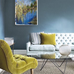 Tranquil Spring Pond with Yong Willow Greenery Painting Waterscape Contemporary Wall Art Living Room Decor Modern impressionism Unique gift image 5