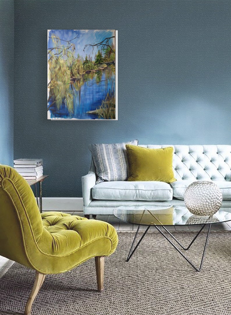 Tranquil Spring Pond with Yong Willow Greenery Painting Waterscape Contemporary Wall Art Living Room Decor Modern impressionism Unique gift image 5