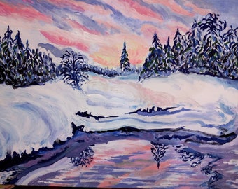 Christmas Trees Art Present Handmade Wall Art Living Room Decor New year Gift Winter Lake Sunset Original acrylic Magic Winter Landscape Art