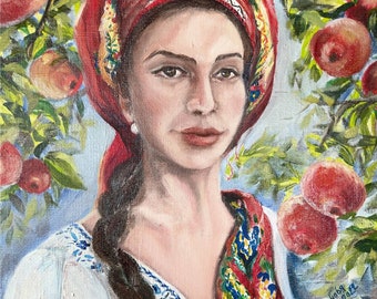 Ukrainian Girl in traditional garb in the apple garden Original Woman portrait Unique Gift Contemporary Folk Wall Art Living Room Decor