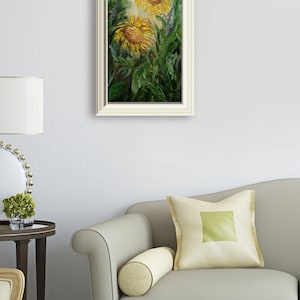 These sunny flowers will fill your home with warmth and light, even on a gloomy winter day.
In Feng Shui, sunflowers symbolize good luck, prosperity, and happiness due to their resemblance to gold coins and their ability to follow the sun. They are also associated with longevity, joy, and positive energy. 
Contemporary, textured painting with a summer vibe will be the perfect addition to your home.