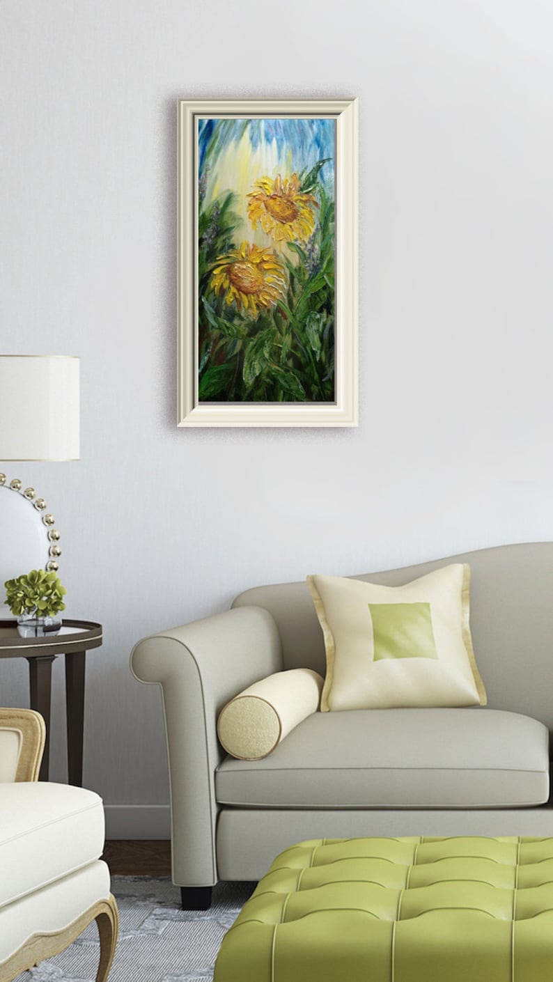 These sunny flowers will fill your home with warmth and light, even on a gloomy winter day.
In Feng Shui, sunflowers symbolize good luck, prosperity, and happiness due to their resemblance to gold coins and their ability to follow the sun. They are also associated with longevity, joy, and positive energy. 
Contemporary, textured painting with a summer vibe will be the perfect addition to your home.