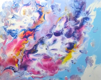 Fiori sbocciati in un cielo azzurro, dipinto originale di arte fluida astratta, decorazione murale primaverile