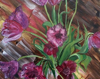 Tulips on wooden floor Original acrylic painting Vibrant Color Contemporary Flowers painting  Modern Wall Art Unique gift Living room decor