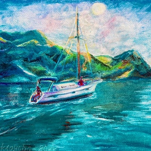 Turquoise Sea Riding 
Water Landscape painting
Original artwork with oil pastel on art paper
A romantic and cheerful plot will be suitable for any room to up your mood
The micro white gaps in the drawing content are characteristic of a pastel drawing.

Original oil pastel drawing on watercolor paper 300g/m2
The Original size is 9,4x11,8"(24x30 cm) 
2022
Signed
Unframed
Fixed with warm air

This bright and juicy drawing will fill your home with color and joy