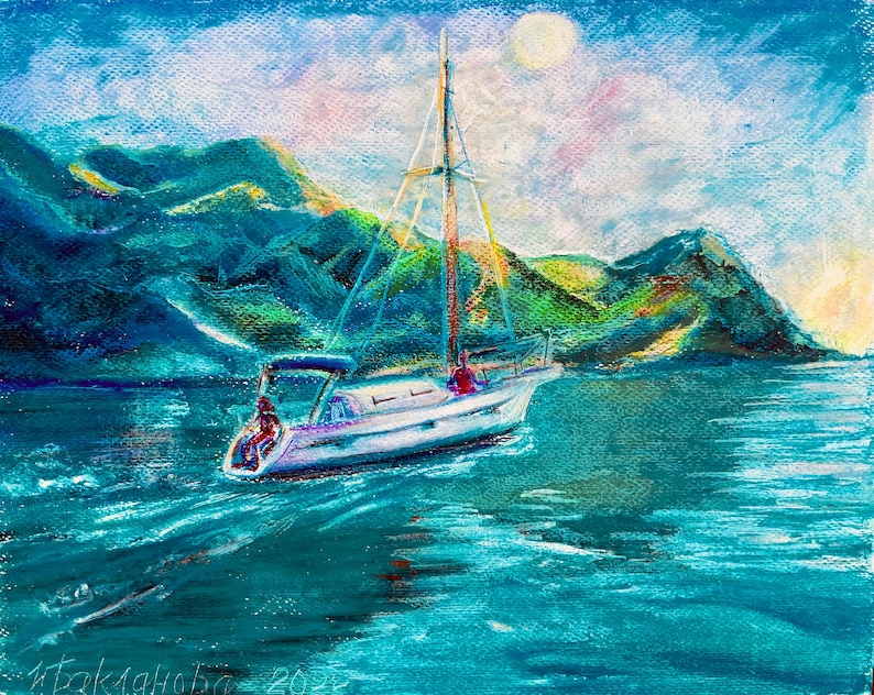 Turquoise Sea Riding 
Water Landscape painting
Original artwork with oil pastel on art paper
A romantic and cheerful plot will be suitable for any room to up your mood
The micro white gaps in the drawing content are characteristic of a pastel drawing.

Original oil pastel drawing on watercolor paper 300g/m2
The Original size is 9,4x11,8"(24x30 cm) 
2022
Signed
Unframed
Fixed with warm air

This bright and juicy drawing will fill your home with color and joy