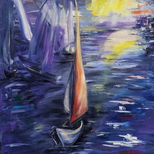 Night Sailing Yachts before dawn Original Impressionistic style Waterscape Living Room Decor Unique Gift Contemporary Wall Art Gift for him image 1