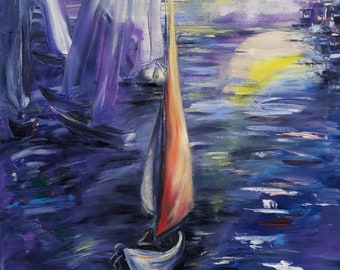 Pintura original de paisagem náutica colorida, arte de parede costeira com veleiro e iate, decoração exclusiva para quarto, ideia de presente perfeita, luminária noturna marítima.