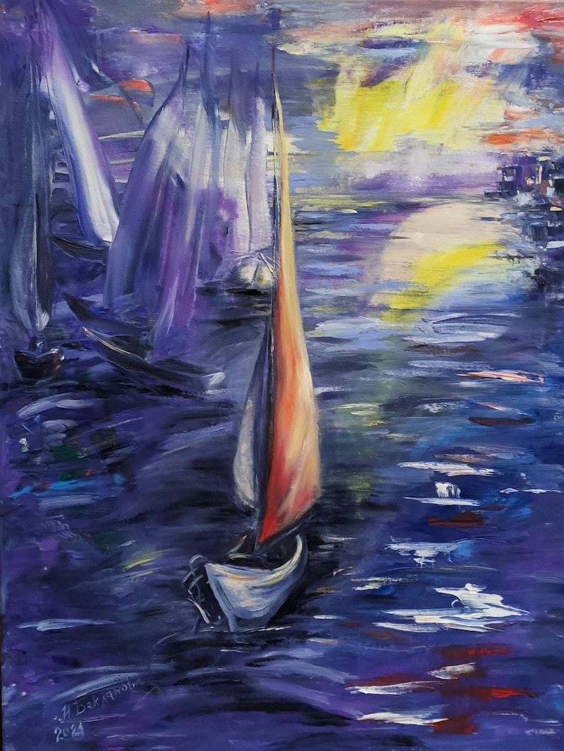 Night Sailing Yachts before dawn Original Impressionistic style Waterscape Living Room Decor Unique Gift Contemporary Wall Art Gift for him image 1