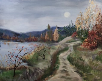 Autumn Lake Landscape Living Room Art Classic Scenery Cabinet Decor Meditative Painting Soft Light Nature tranquility Wall Art Unique Gift