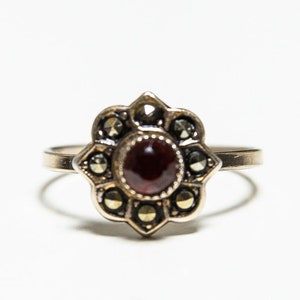 Antique 835 Silver Marcasite Garnet Ring Victorian Style Heirloom
