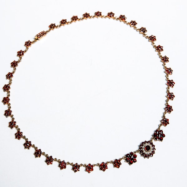 Magnificent Bohemian Antique Pearls & Garnets Flower Necklace Heirloom