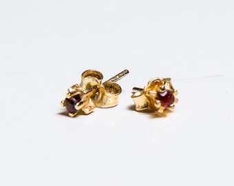 Minimalistic Antique Gold Over 835 Silver Bohemian Garnet Stud Earrings Victorian Style Heirloom