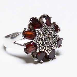 Big Antique Bohemian Garnet Marcasite Ring Victorian Style Heirloom 925 Silver