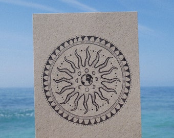 Postcard grass paper sun, moon, earth mandala