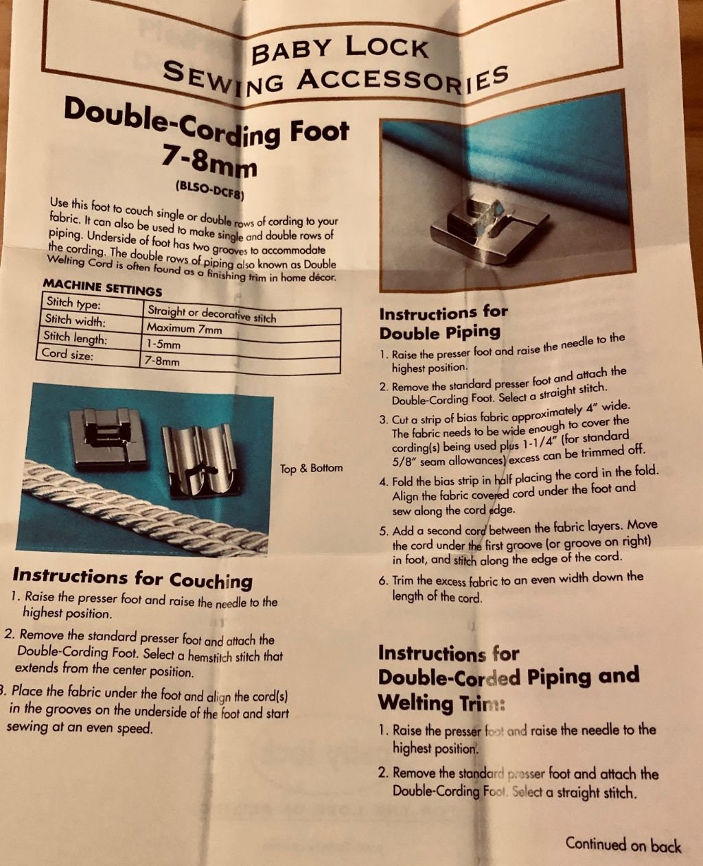 Baby Lock Double Cording Foot BLSODCF8 Etsy