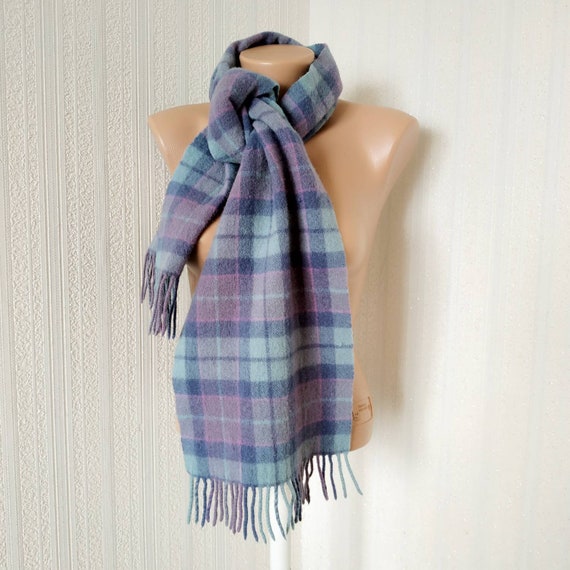 Vintage blue lambswool scarf, Tartan wool scarf w… - image 3