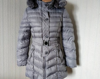 Vintage girls puffer coat. Warm winter parka girls. Long children down jacket hooded. Gray puffer coat with faux fur
