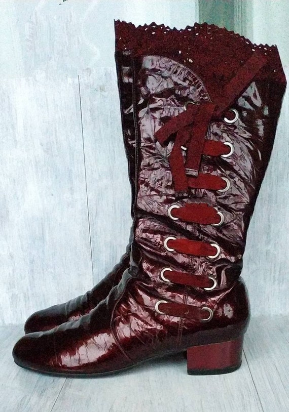 Patent Leather Berry Color Boots Side Lace-Up Boo… - image 7