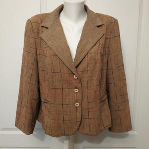 Vintage Women Brown Checked Jacket Office Blazer 90s Size XL Brown Striped Jacket Casual Women Jacket