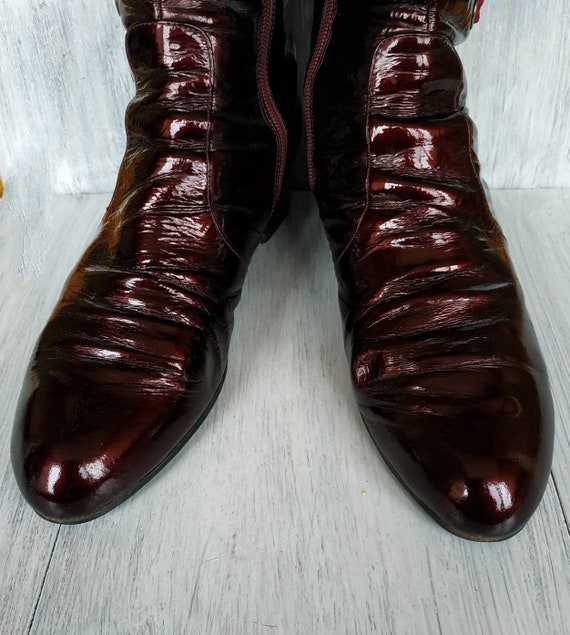 Patent Leather Berry Color Boots Side Lace-Up Boo… - image 6