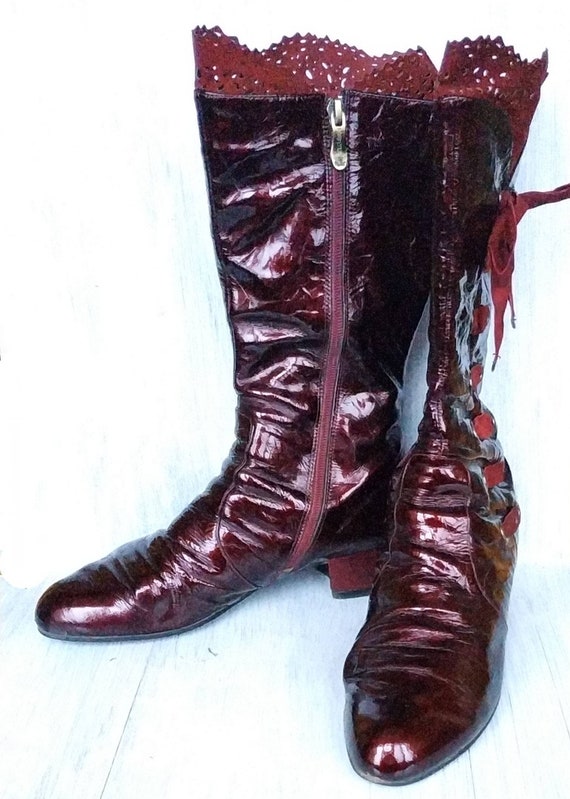 Patent Leather Berry Color Boots Side Lace-Up Boo… - image 1
