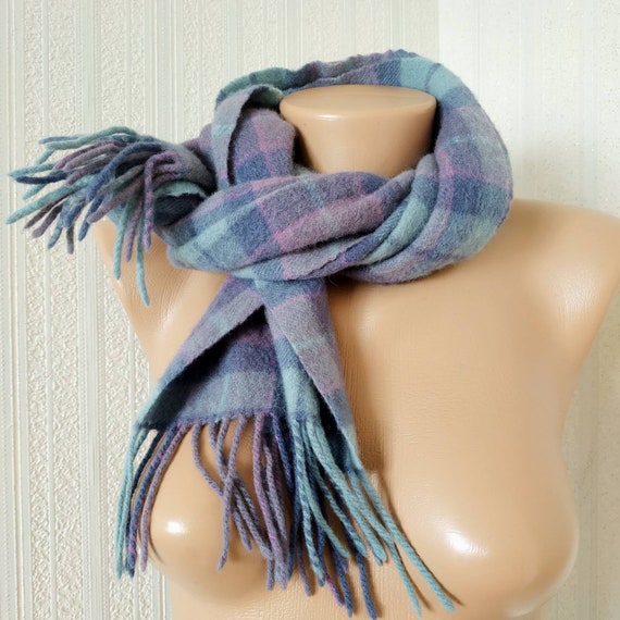 Vintage blue lambswool scarf, Tartan wool scarf w… - image 7