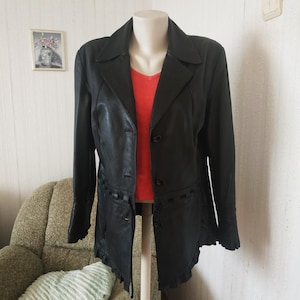 Veste vintage en cuir d'agneau pour femme blazer slim noir à volants Veste en cuir véritable souple une poche fermeture éclair habillé en cuir pour dames manteau