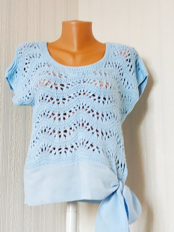 Vintage blue knit top Handmade women blouse cotto… - image 9