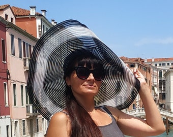 Black White Floppy Sun Hat Vintage Wide Brim Hat Beach Summer Sun Hat Travel