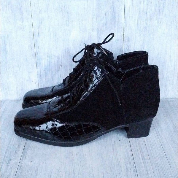 Bottes à lacets noires Bottines vintage en cuir verni pour femme Bottines à talons bas hiver doublure en laine Bottines élégantes en daim et cuir véritable