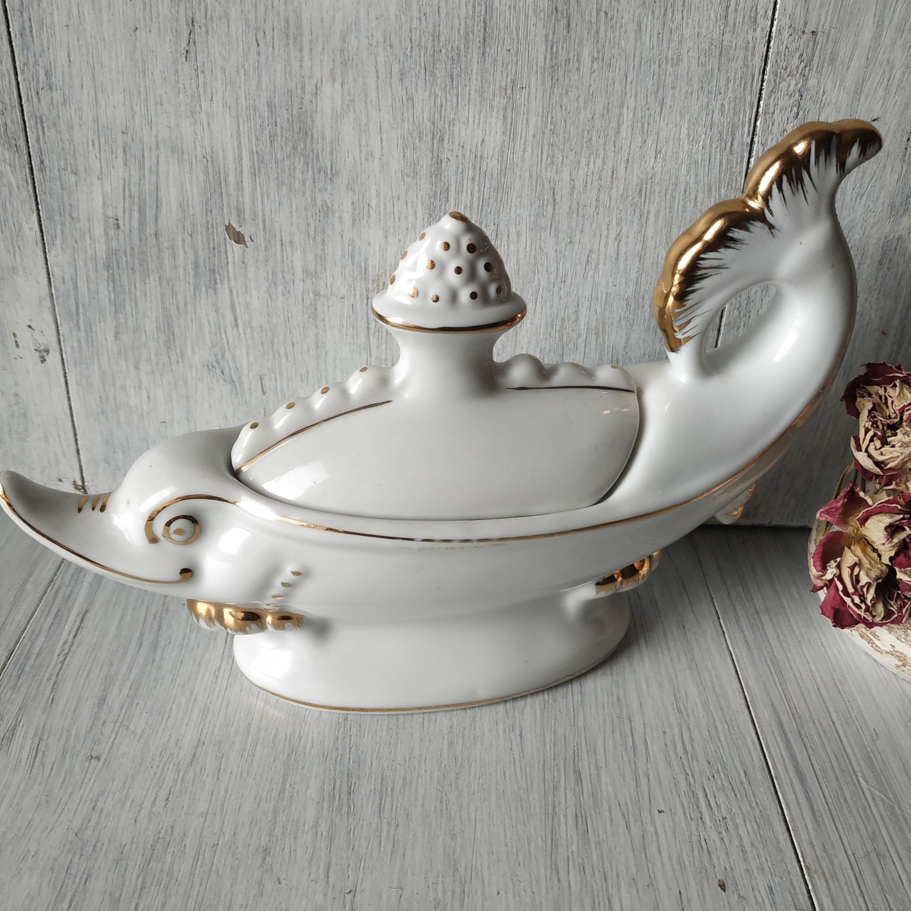 Vintage Fish Gravy Boat With Lid: White Ceramic Gold Trim - Etsy display picture 1
