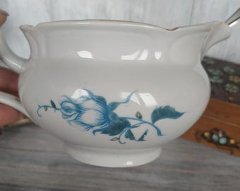 Vintage White Porcelain Gravy Boat: Blue Floral Ceramic Sauce Boat