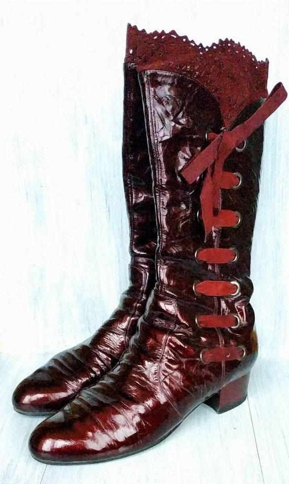Patent Leather Berry Color Boots Side Lace-Up Boo… - image 2