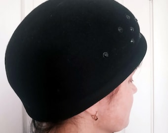Boina vintage de lana negra con pedrería, gorra para mujer, talla grande