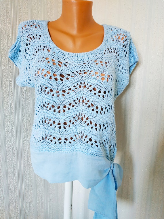 Vintage blue knit top Handmade women blouse cotto… - image 2