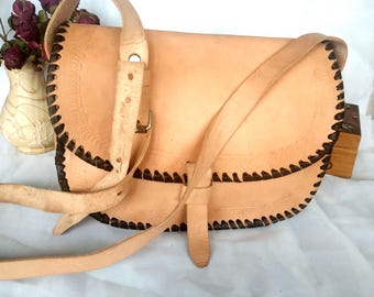 Vintage Tooled Leather Light Brown Crossbody Bag Loop Closure Western Embossed Saddle Purse