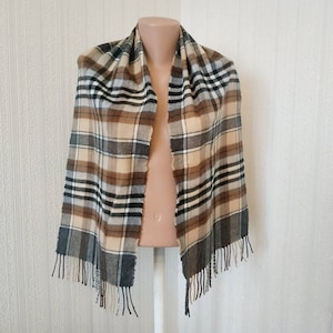 Vintage Brown Gray Beige Checked Scarf Soft Acrylic Scarf with Fringe Autumn Winter Scarf Plaid Unisex Scarf