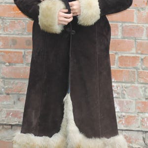 Vintage 70s Suede Sheepskin Trim Coat - Women&#39;s Leather Trench Brown Long Coat