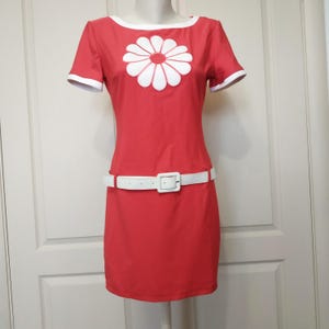 Vintage Red Mini Sheath Dress: 2000s Floral Mod Style, Size S