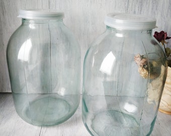 Large Glass Jar with Lid 3 Liter Preserve Food Green Jar Ukrainian Rustic Home Canning Vintage Glass Jar Large Vase Bottle Kitchen Storage