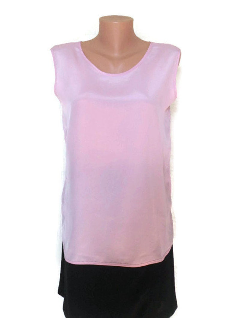 Womens blouse from poly blend Ladies pink vintage tank top 90s. Pink blouse round neck sleeveless cutout size L