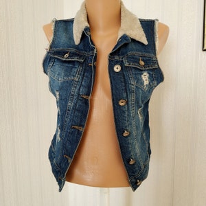 Vintage Denim Vest Girls Small Blue Vest Faux Fur Jean Vest Youth Button Front Chest Pockets