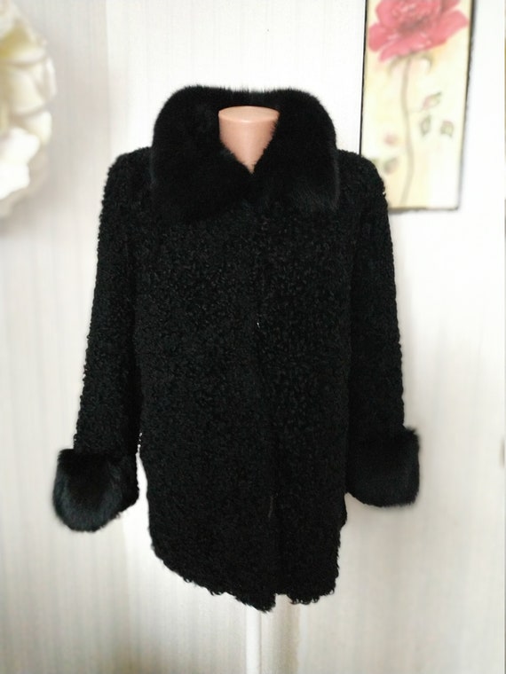 Astrakhan Fur Coat Vintage Black Genuine Lamb Jac… - image 1