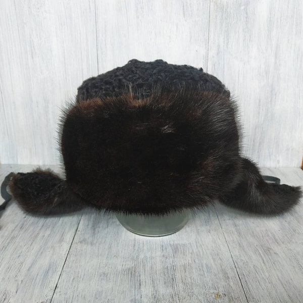 Vintage Mink Hat Men & Women 1980's Astrakhan Fur Winter Dark Brown Black Karakul Real Fur Hat Unisex Casual Medium Size