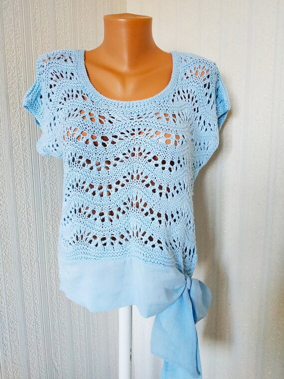 Vintage blue knit top Handmade women blouse cotto… - image 5