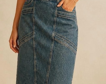 Vintage Denim Midi Skirt: Classic Cotton Jean Skirt with Pockets