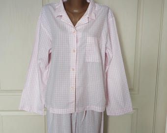 Vintage 80&#39;s Cotton Sleepwear Set Nightwear Women Pink Plaid Pajamas with Pants Bridal Bachelorette Party Pajama Long Sleeve Shirt Size S/M