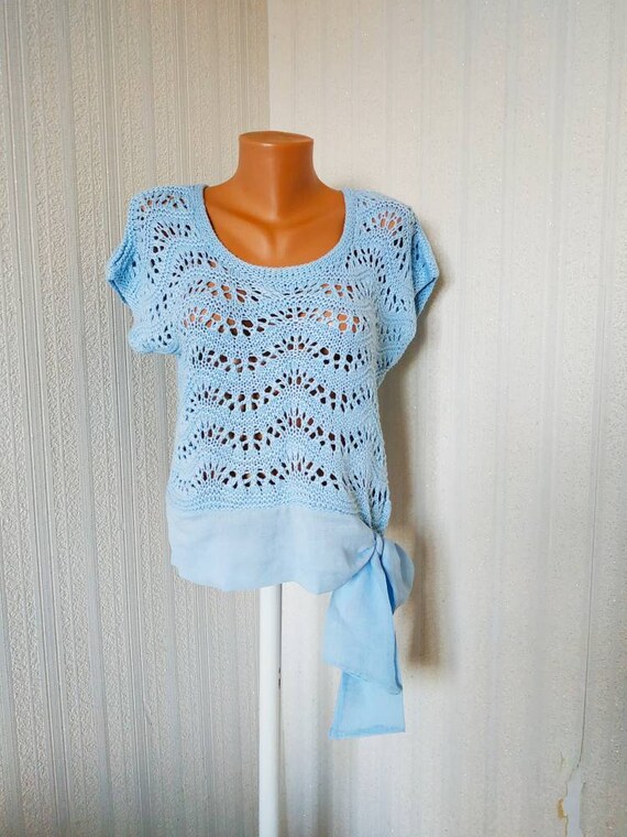 Vintage blue knit top Handmade women blouse cotto… - image 3